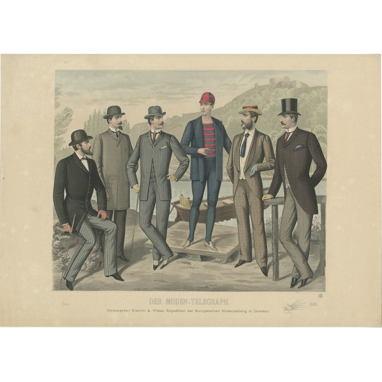 Antique Print of Men's Fashion in July 1889 by Klemm & Weiss (c.1900)