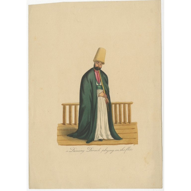 Antique Print of a Dervish Man playing the Flute (c.1860)