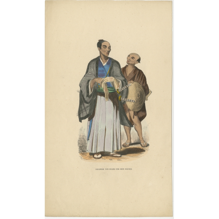 Antique Print of a Japanese Nobleman and his Servant by Berghaus (c.1845)