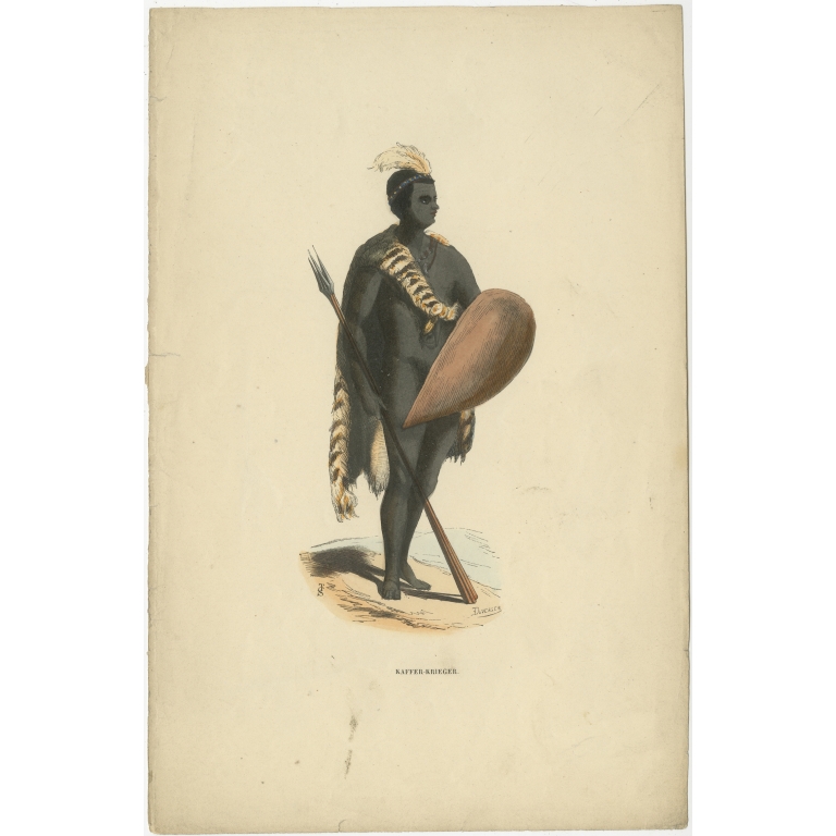 Antique Print of an African Warrior by Berghaus (c.1845)