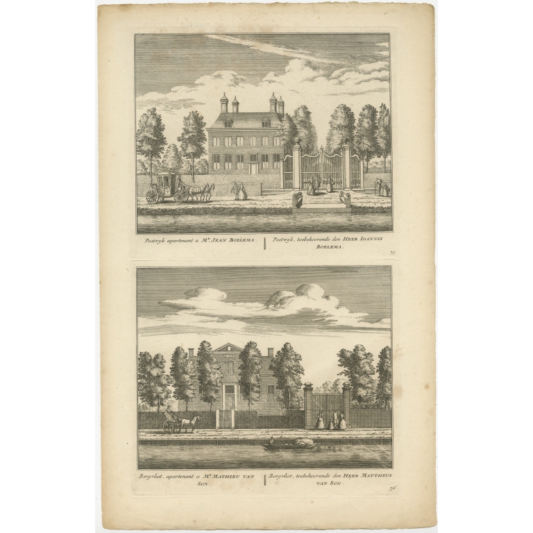 Antique Print of Postwijck and Bergvliet Manor by Rademaker (1730)