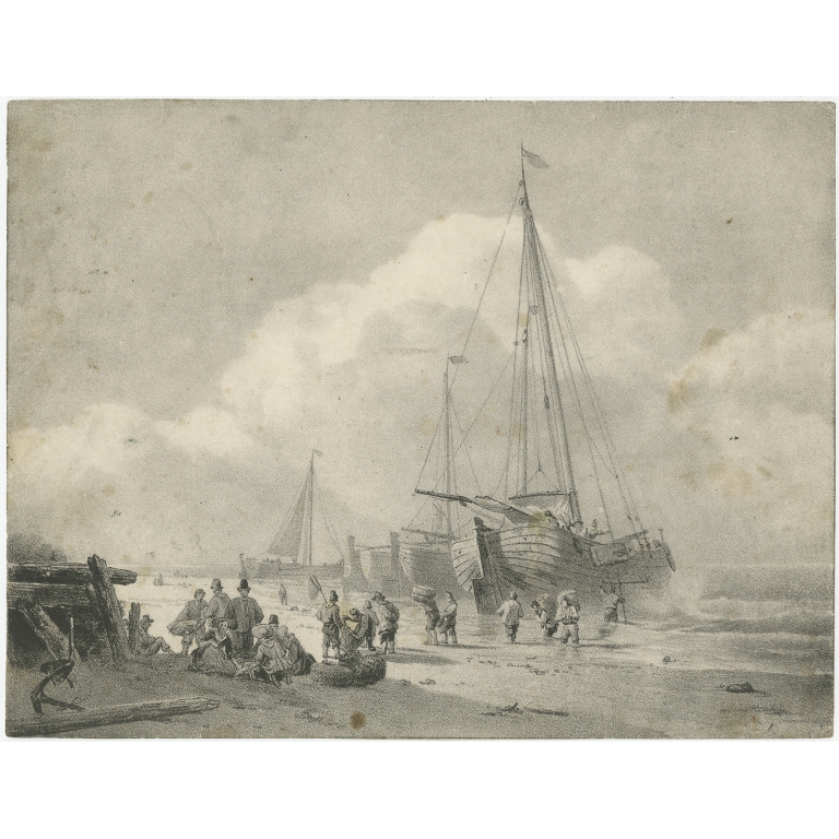 Antique print of a Coast and Vessels (c.1890)