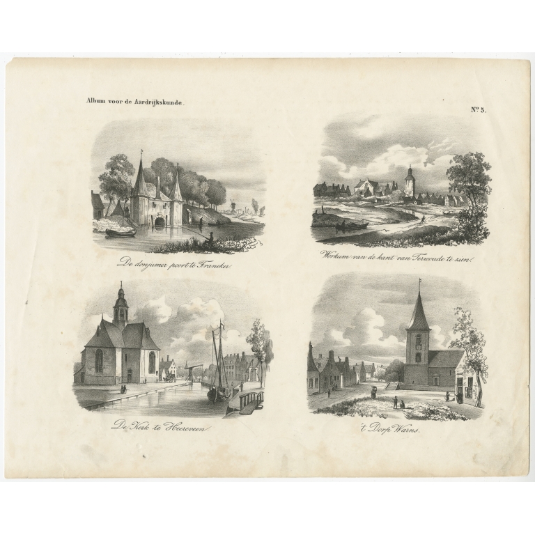 Antique Print with views of Franeker, Workum, Heerenveen and Warns by Mendel (1841)