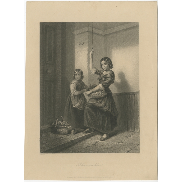 Antique Print of Flower Girls by Payne (c.1860)