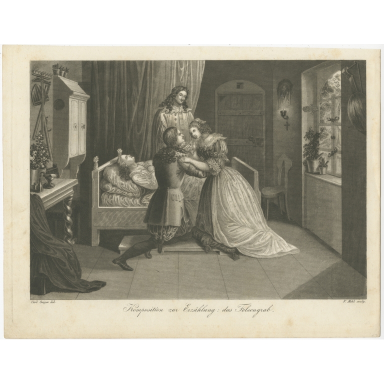Antique Print of a Deathbed Scene by Mehl (c.1850)