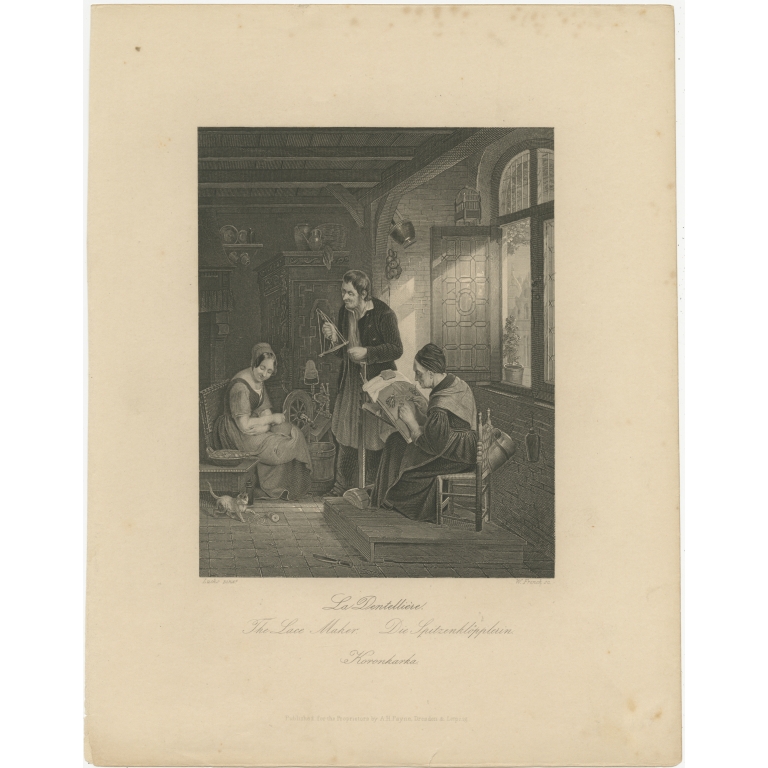 Antique Print of a Lace Maker by Payne (c.1850)