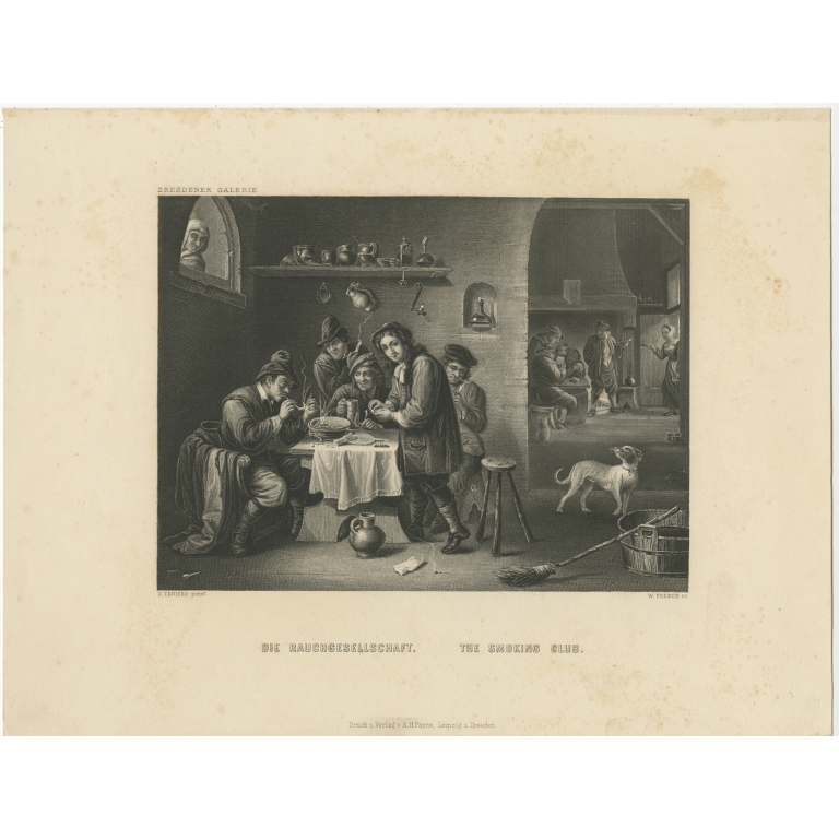 Antique Print of a Smoking Club by Payne (c.1850)