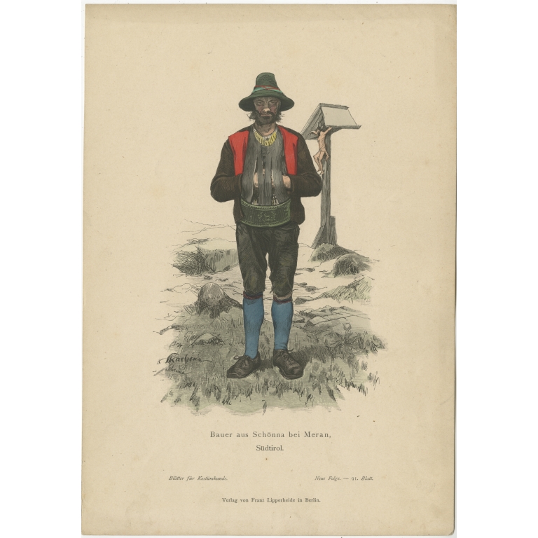 Antique Costume Print of a farmer from Schenna (South Tyrol) by Lipperheide (c.1880)