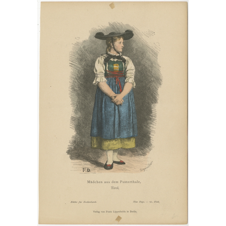 Antique Costume Print of a Girl from Val Pusteria by Lipperheide (c.1880)