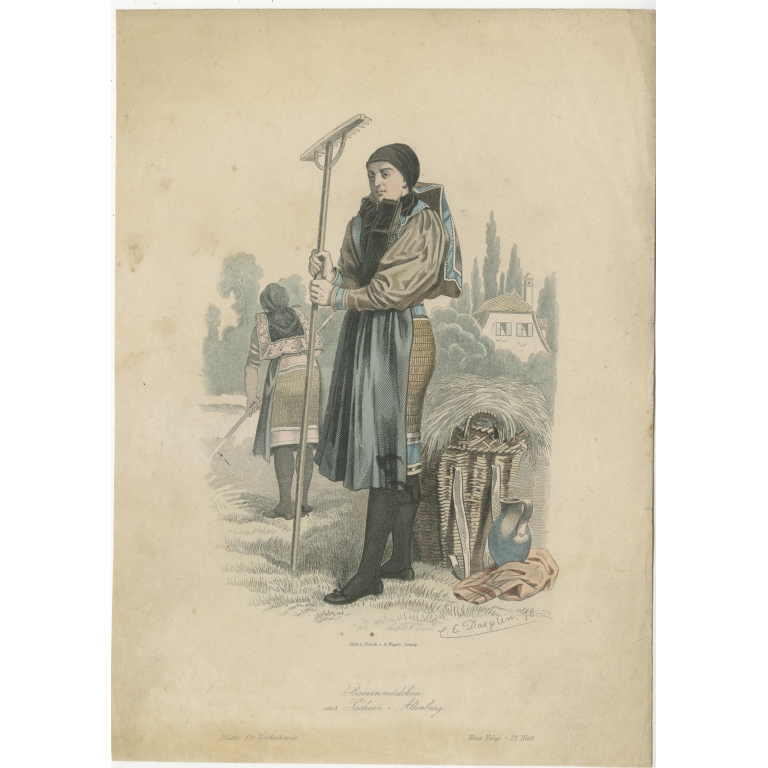 Antique Costume Print of a Peasant Girl from Saxony-Altenburg by Lipperheide (c.1876)
