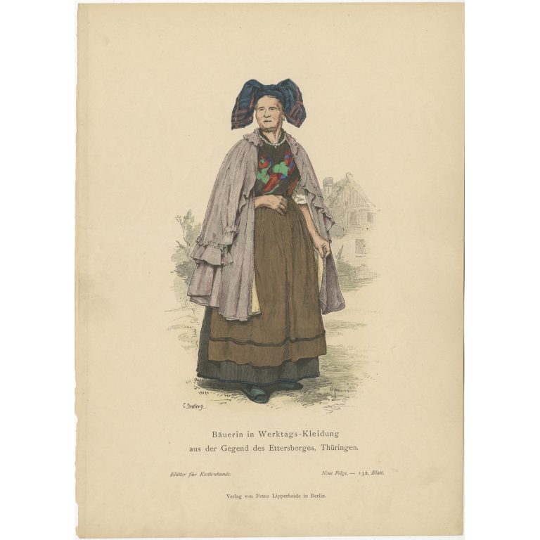 Antique Costume Print of a Farmer's Wife from the region of Thuringia by Lipperheide (c.1880)
