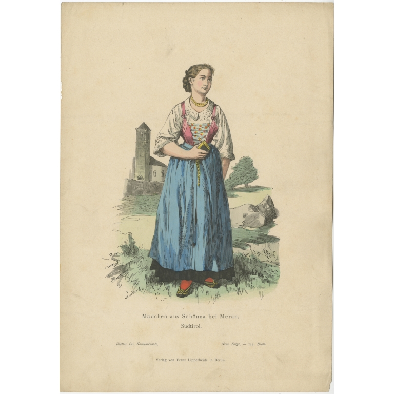Antique Costume Print of a Girl from Schenna (South Tyrol) by Lipperheide (c.1880)