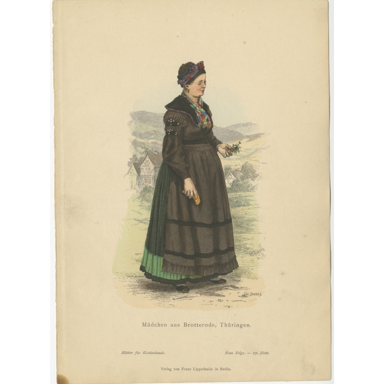 Antique Costume Print of a Girl from Brotterode (Thuringia) by Lipperheide (c.1880)