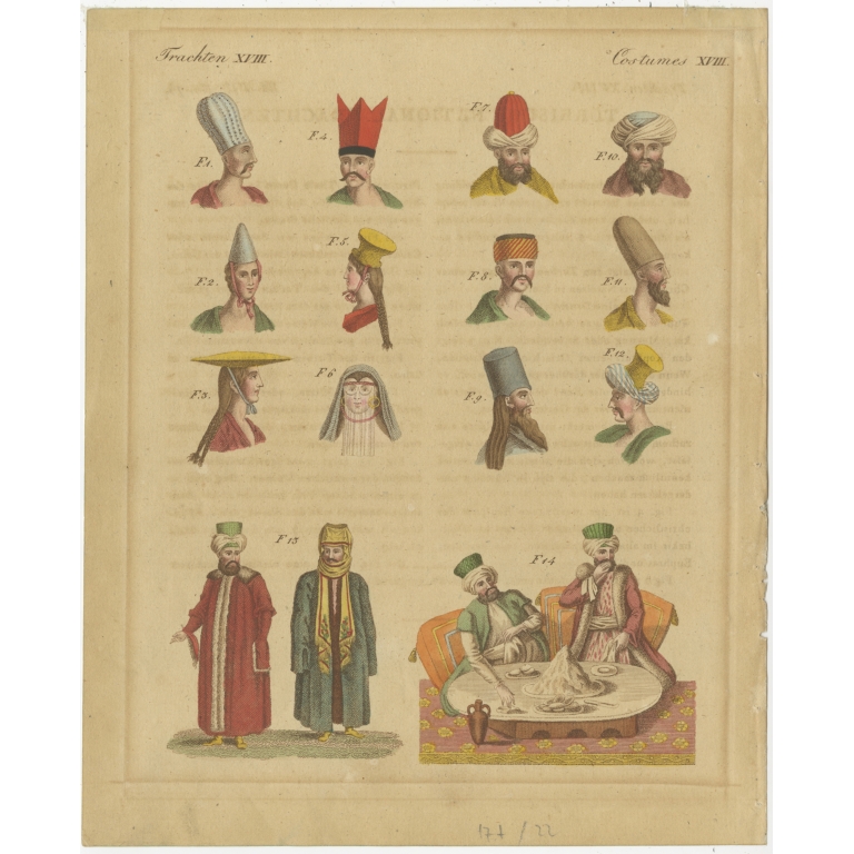 Antique Print of Turkish Headgear and Costumes by Bertuch (1810)