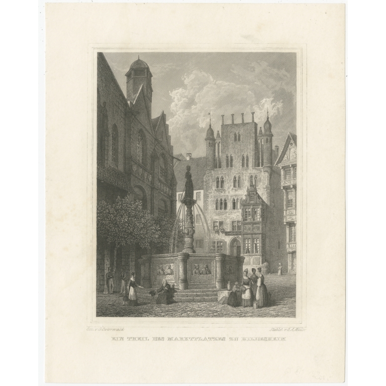 Antique Print of the Square of Hildesheim by Müller (c.1850)