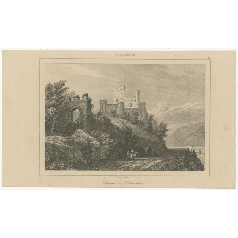 Antique Print of Rheinstein Castle by Le Bas (1838)