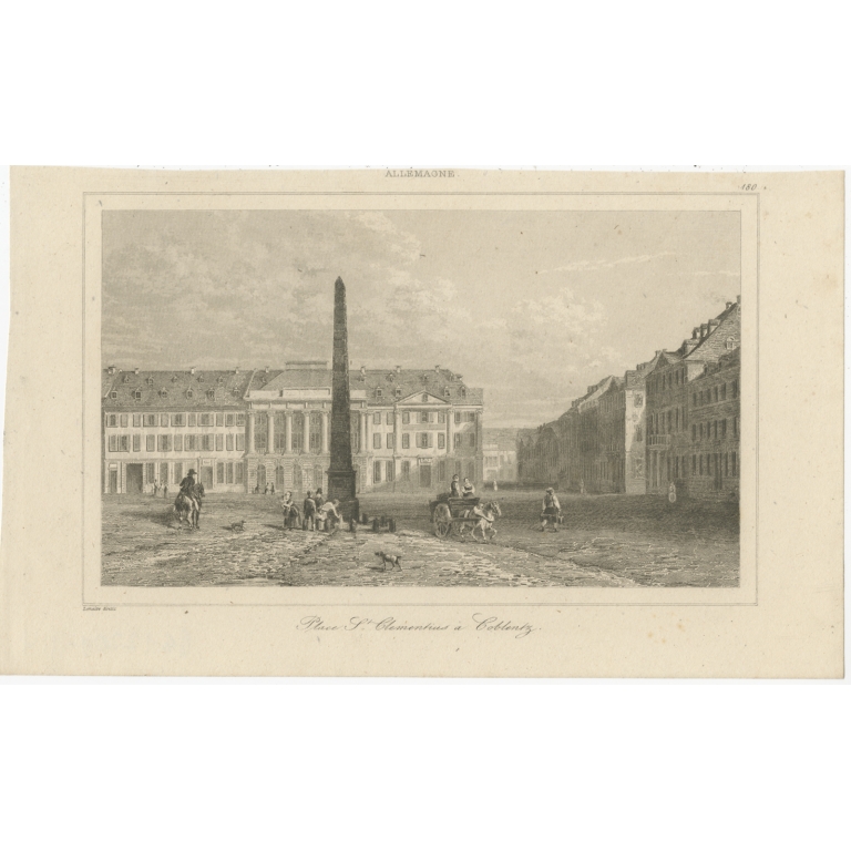 Antique Print of a Square in Koblenz by Le Bas (1838)
