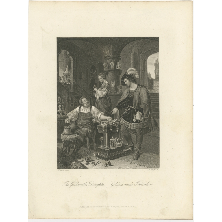 Antique Print of a Goldsmith and his Daughter by Payne (c.1850)