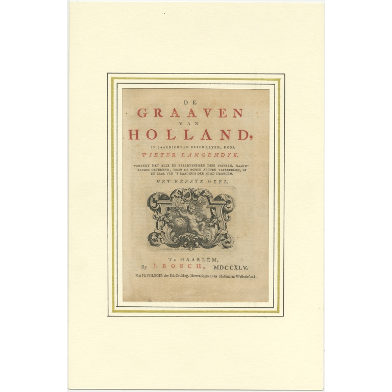 Antique Title Page of volume 1 of 'De Graaven van Holland' by Langendijk (1745)