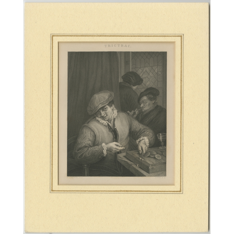 Antique Print of Men playing 'Trictrac' by Payne (c.1850)