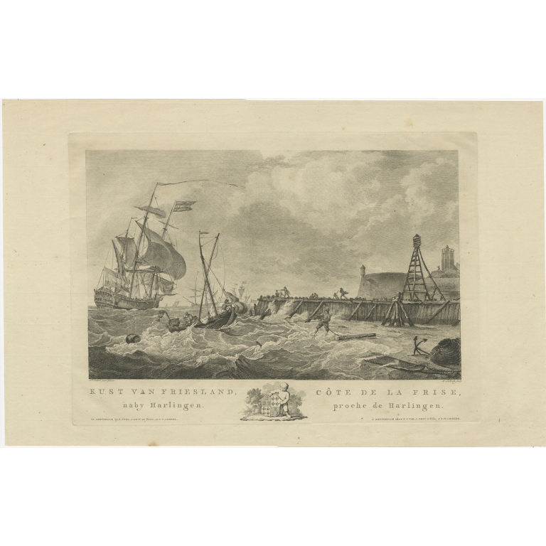 Antique Print of the Coast of Harlingen by Sallieth (c.1780)