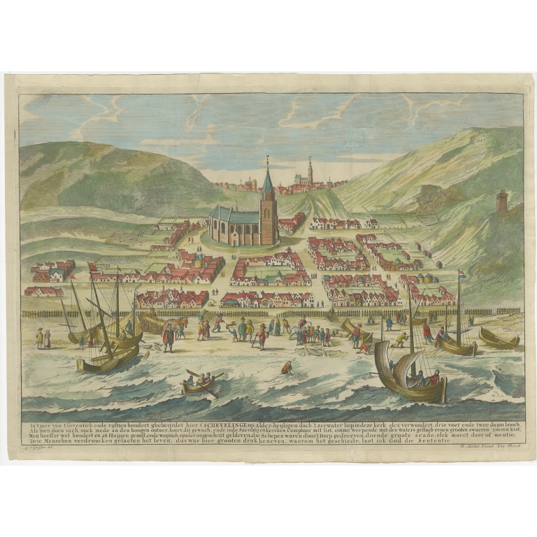 Antique Print of Scheveningen before the Flood by Boitet (1720)