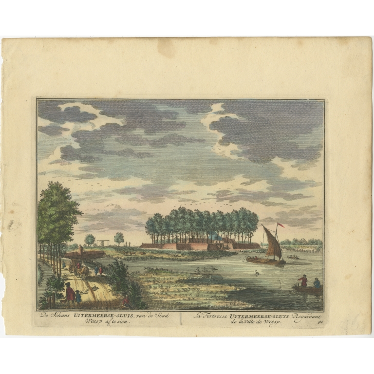 Antique Print of the Uitermeersesluis Fortress seen from Weesp by Stoopendaal (1719)