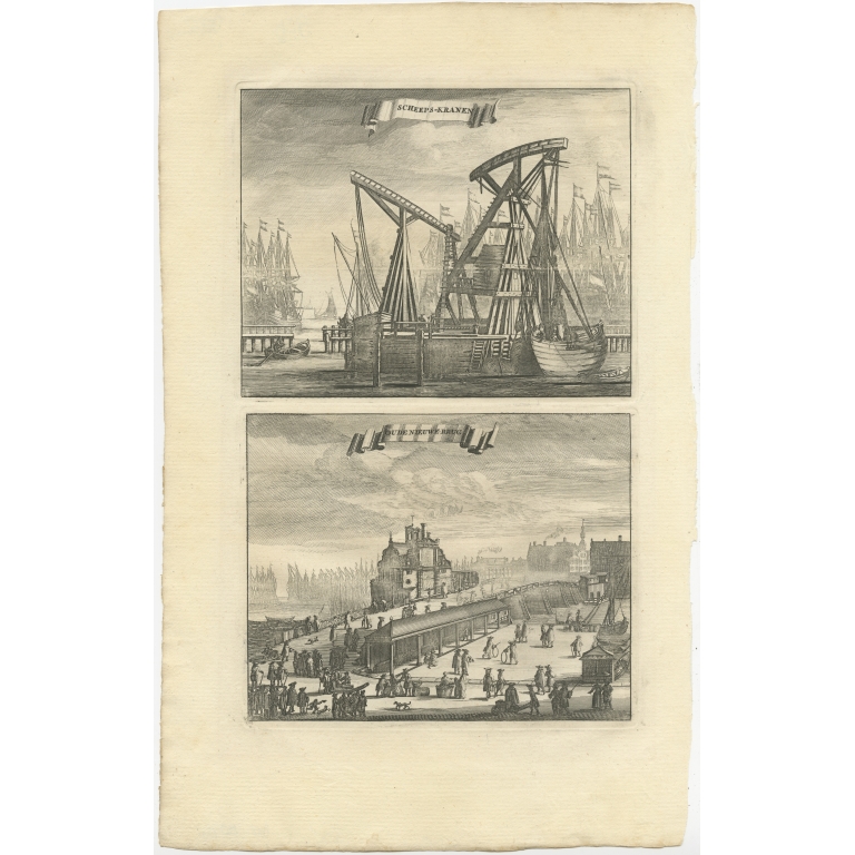 Antique Print of Ship Cranes and a Bridge in Amsterdam (c.1730)