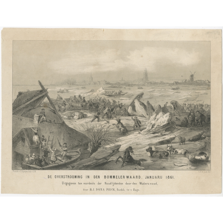 Antique Print of the Floods in Bommelerwaard by Last (1861)
