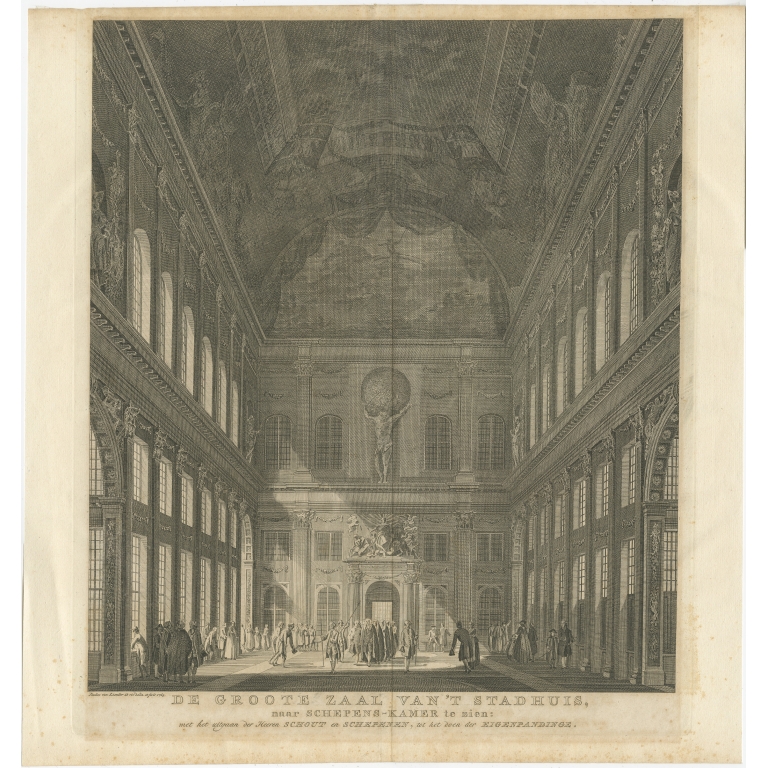 Antique Print of the Central Hall of the Royal Palace of Amsterdam by Van Liender (c.1765)