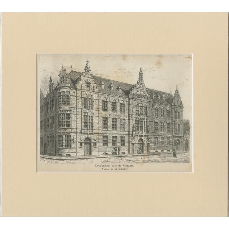 Antique Print of the former Maritime Academy of Amsterdam (c.1890)