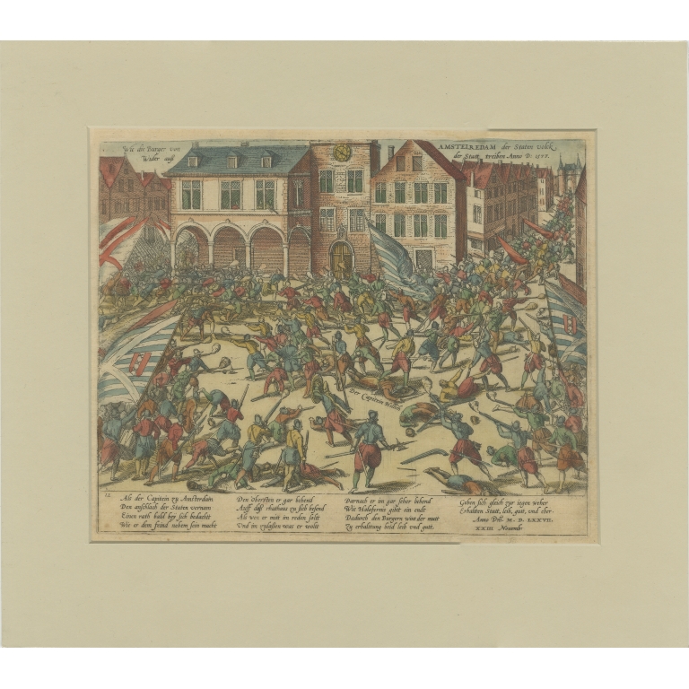 Antique Print of the Battle with Troops of William of Orange in Amsterdam by Hogenberg (c.1580)