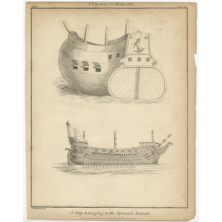 Antique Print of a Venetian Galleon and Ship of the Spanish Armada by Charnock (1802)