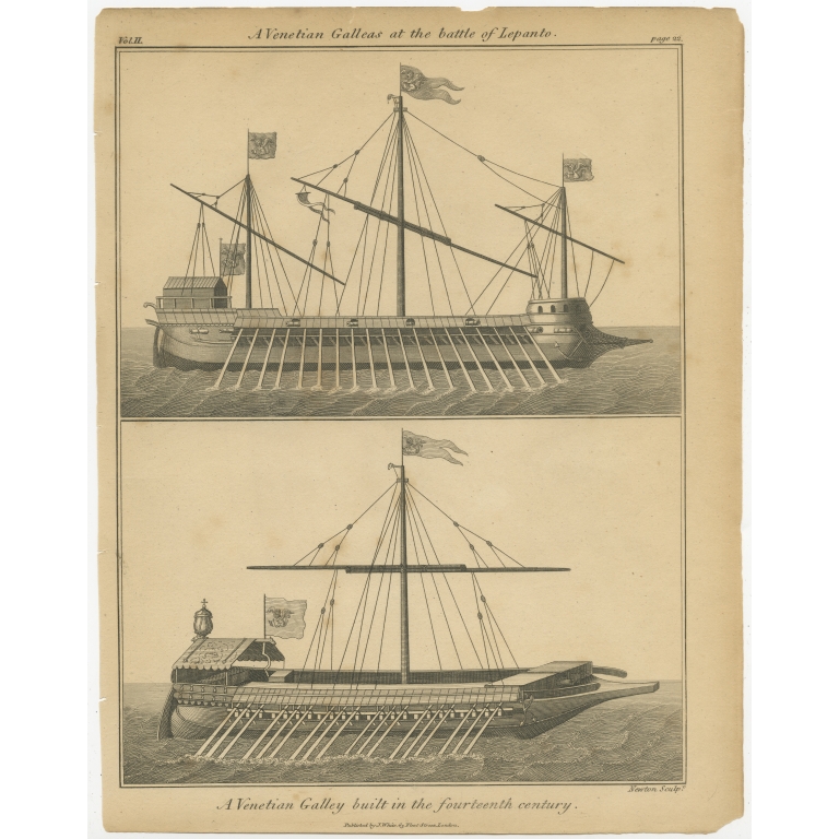 Antique Print of a Venetian Galleas and Venetian Galley by Charnock (1802)