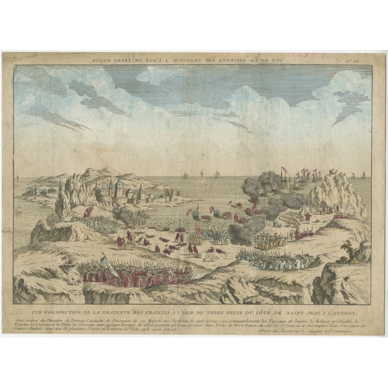 Antique Print of the French attack on Newfoundland by Basset (c.1770)