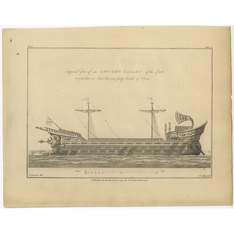Antique Print of an Ancient Galley by Charnock (1802)
