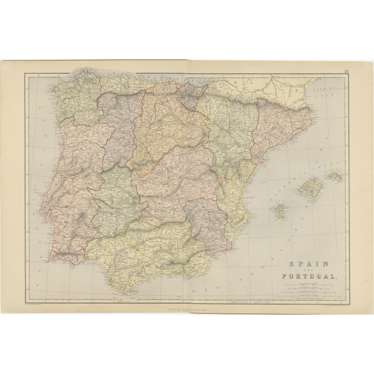 Antique Map of Spain and Portugal by Weller (c.1890)