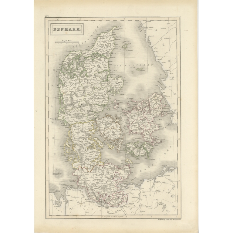 Antique Map of Denmark by Hall (c.1820)
