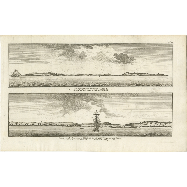 Antique Print with views of Tinian Island by Anson (1765)