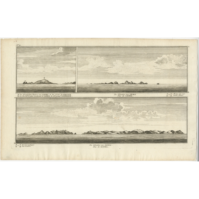 Antique Print with views of the Lema Islands by Anson (1765)