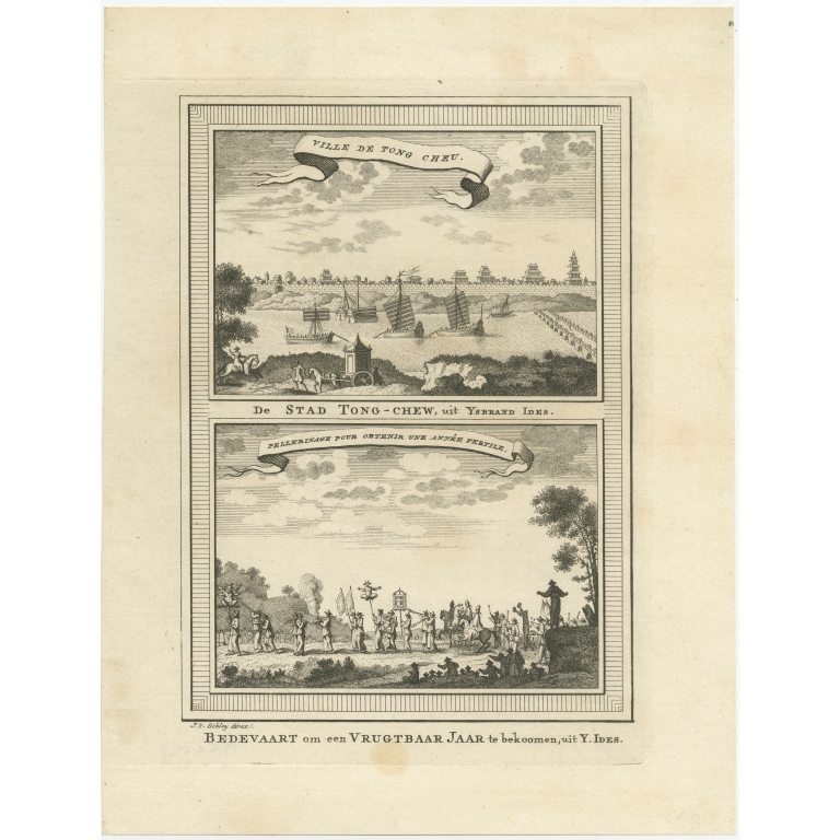 Antique Print of Tongzhou and a Pilgrimage by Van Schley (1749)