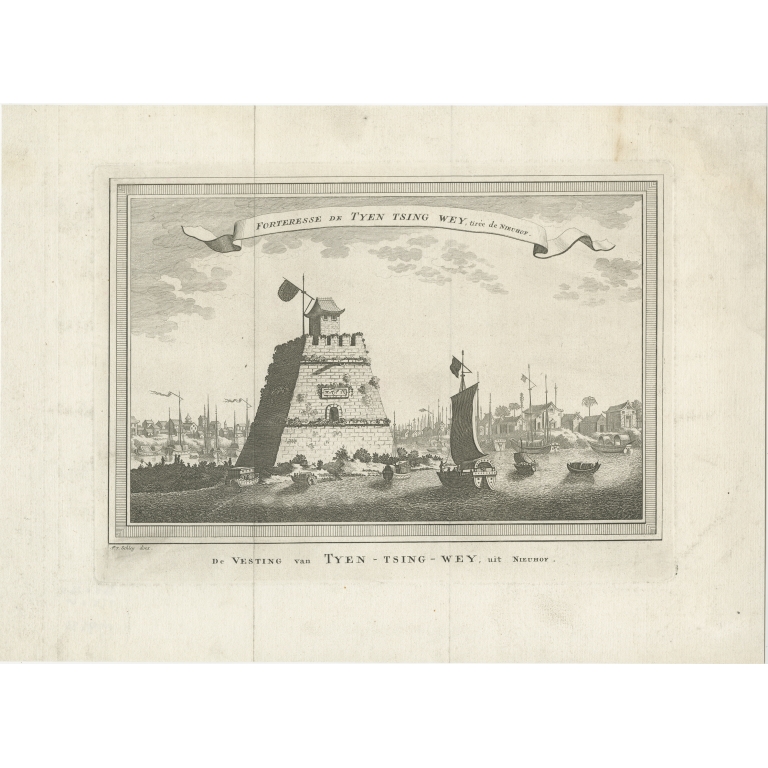 Antique Print of the Tyen-Tsing Wey Fortress by Van Schley (1746)